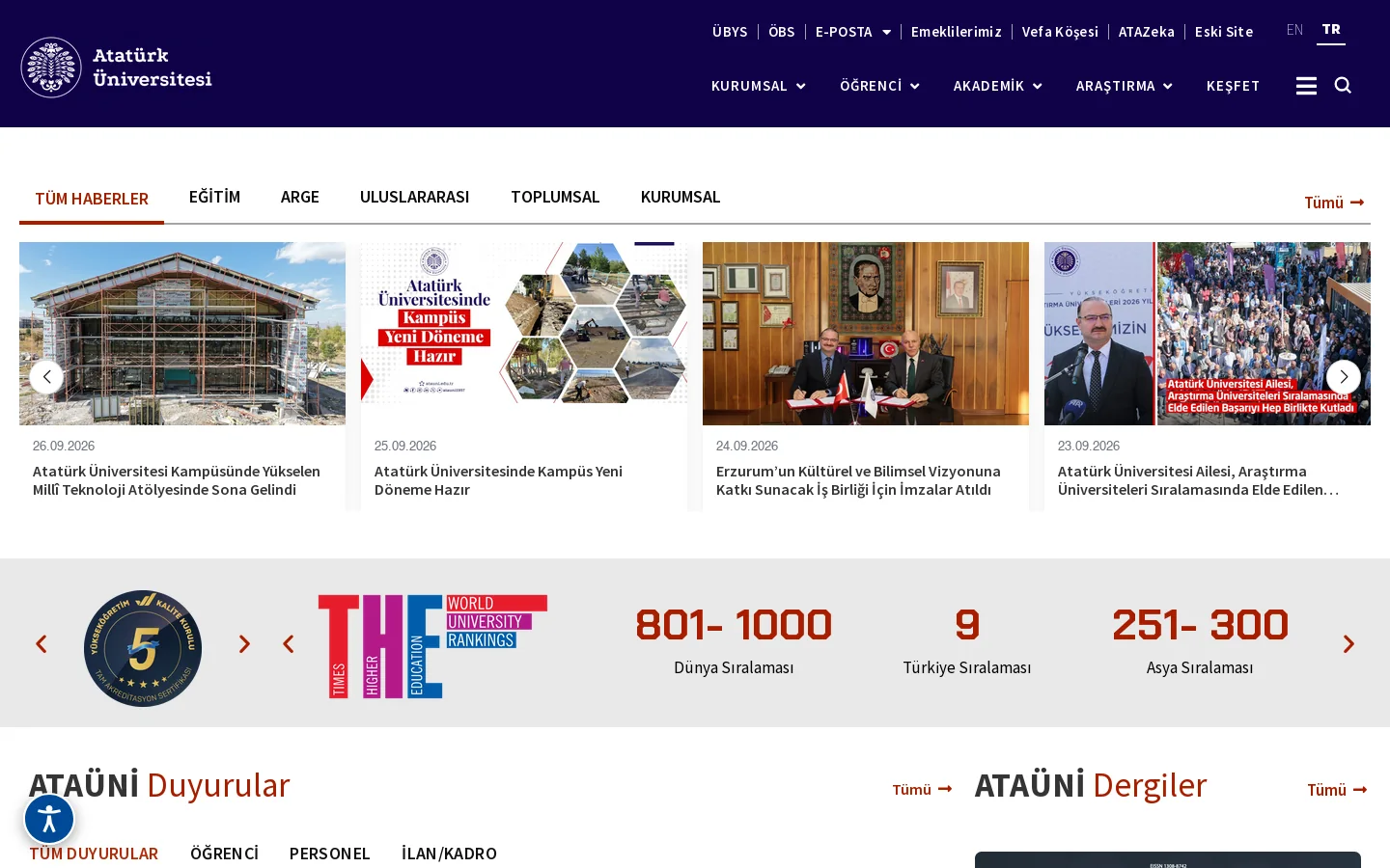 Atatürk Üniversitesi – "Köklü üniversite, güçlü bilim, parlak gelecek." 首页截图