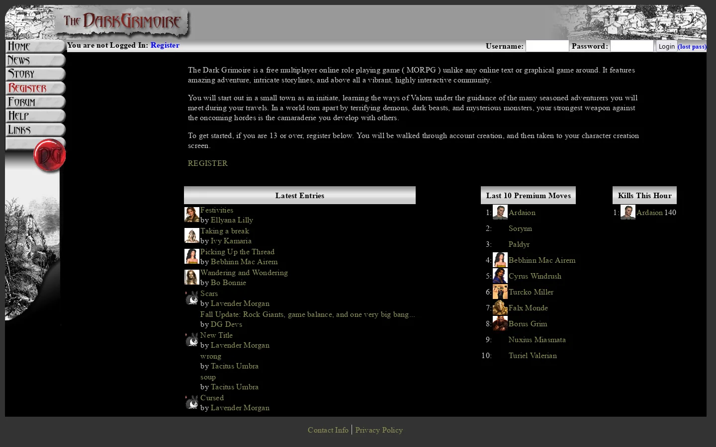 The Dark Grimoire: A free text based roleplaying online game. ( MMORPG ) 首页截图