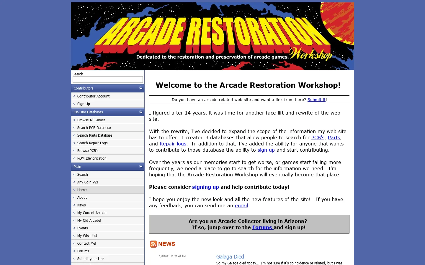 Welcome to the Arcade Restoration Workshop Web Site! 首页截图