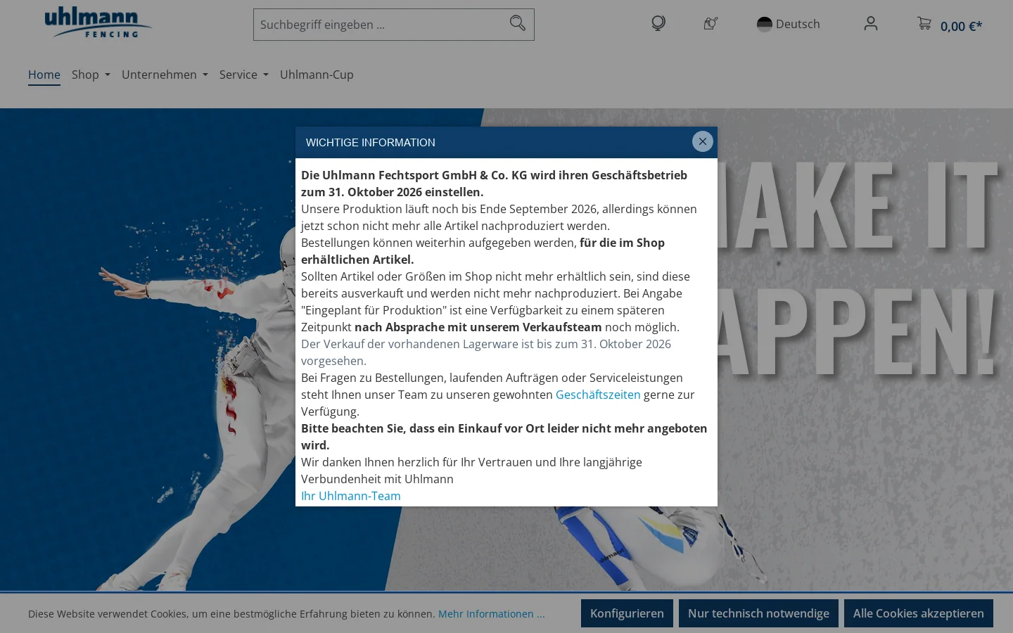 Uhlmann Fechtsport Online Shop 首页截图