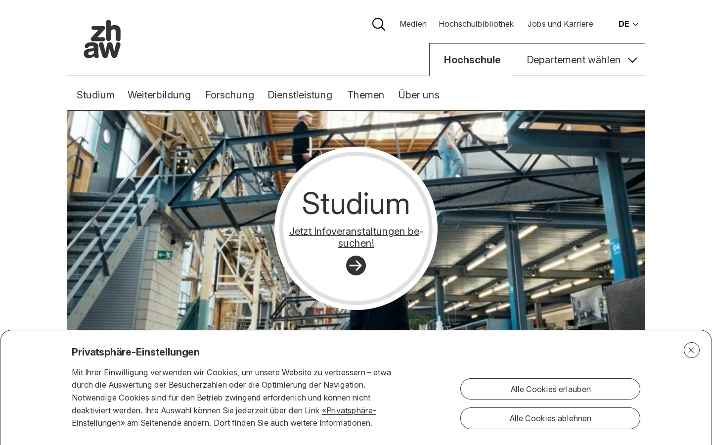 ZHAW Zürcher Hochschule für Angewandte Wissenschaften 首页截图