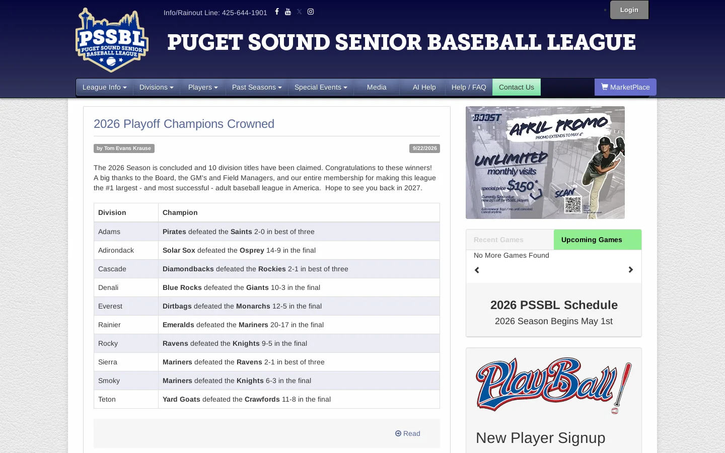 Puget Sound Senior Baseball League 首页截图