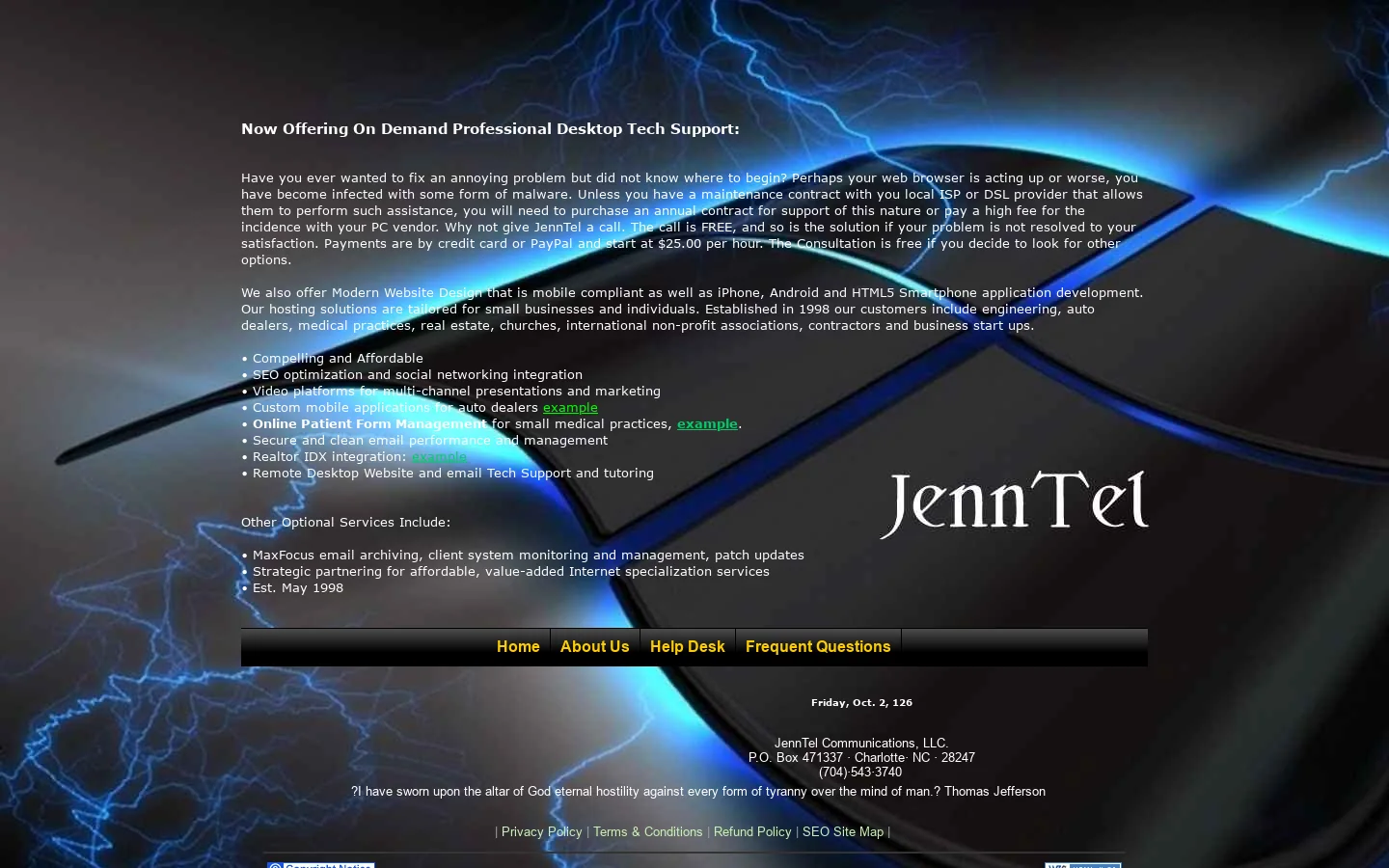 JennTel Remote PC Internet Tech Support, Web Design, Internet Hosting, Charlotte, NC 704-543-3740 首页截图