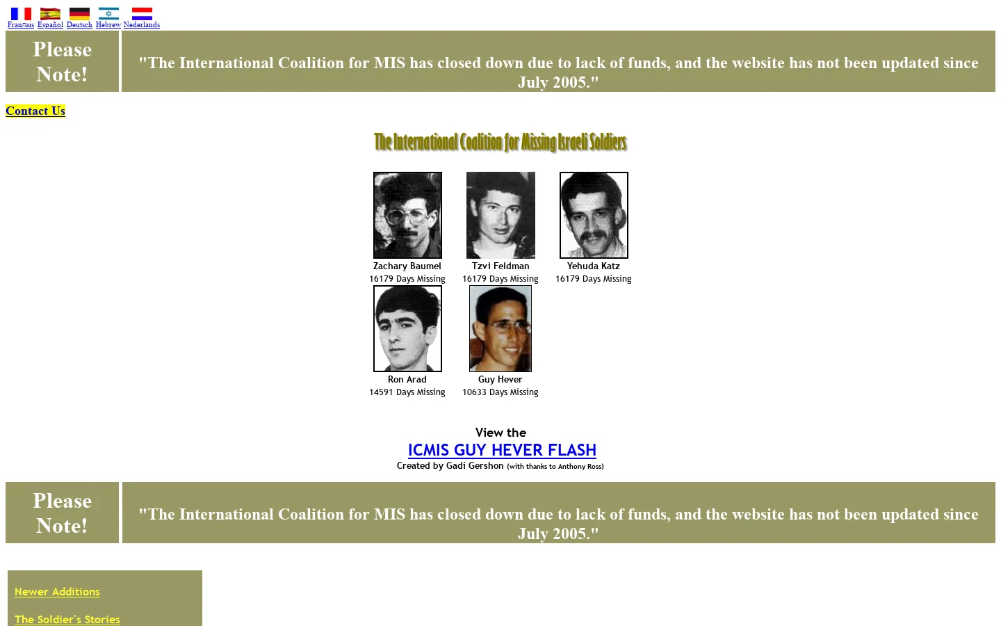 ICMIS Home Page: The International Coalition for Missing Israeli Soldiers 首页截图