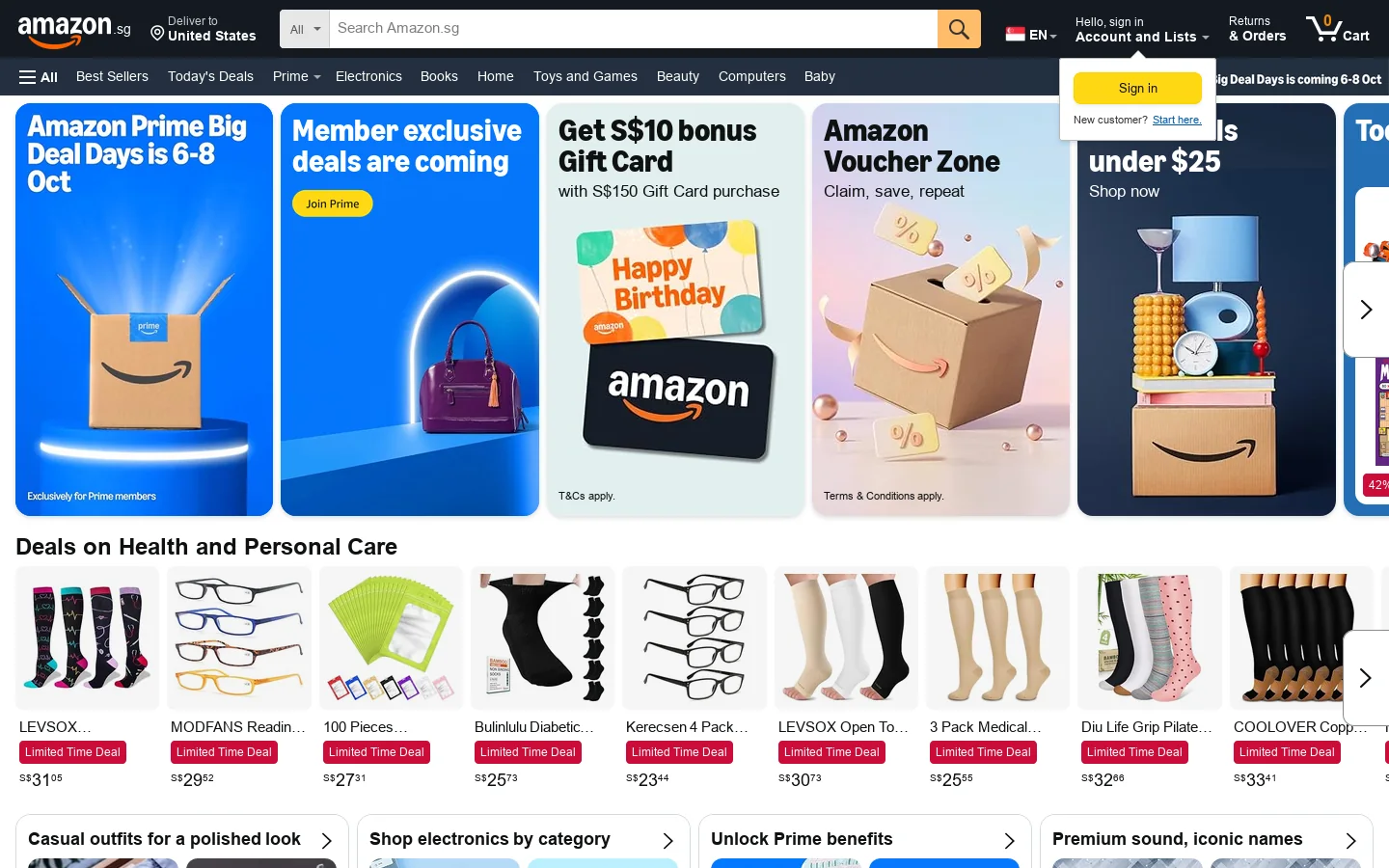 Amazon.sg 首页截图