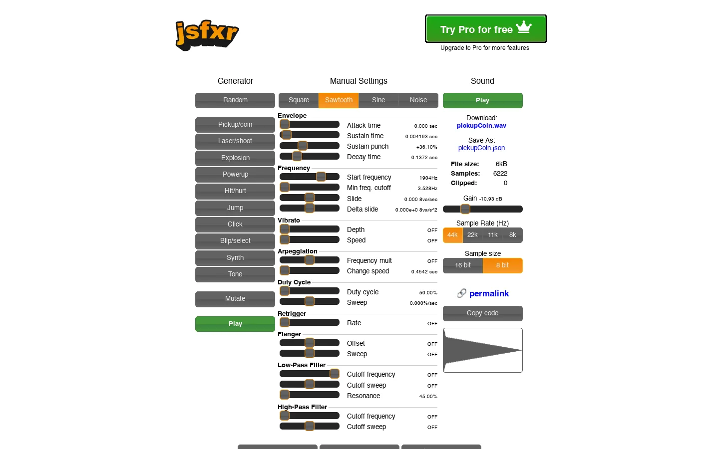jsfxr - 8 bit sound maker and online sfx generator 首页截图