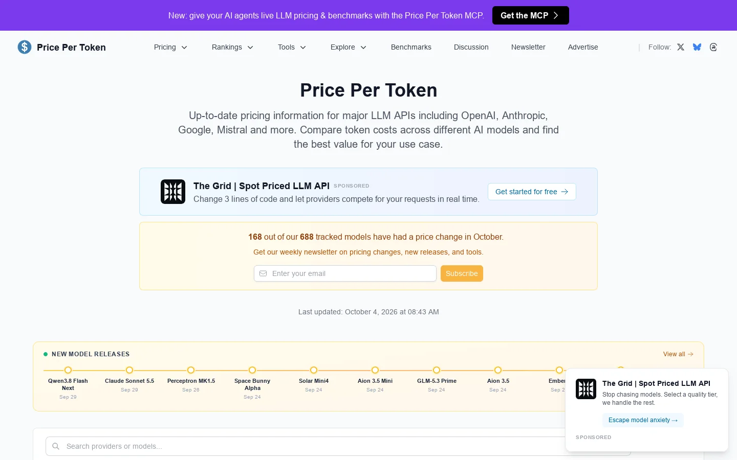 LLM API Pricing 2026 - Compare 300+ AI Model Costs 首页截图