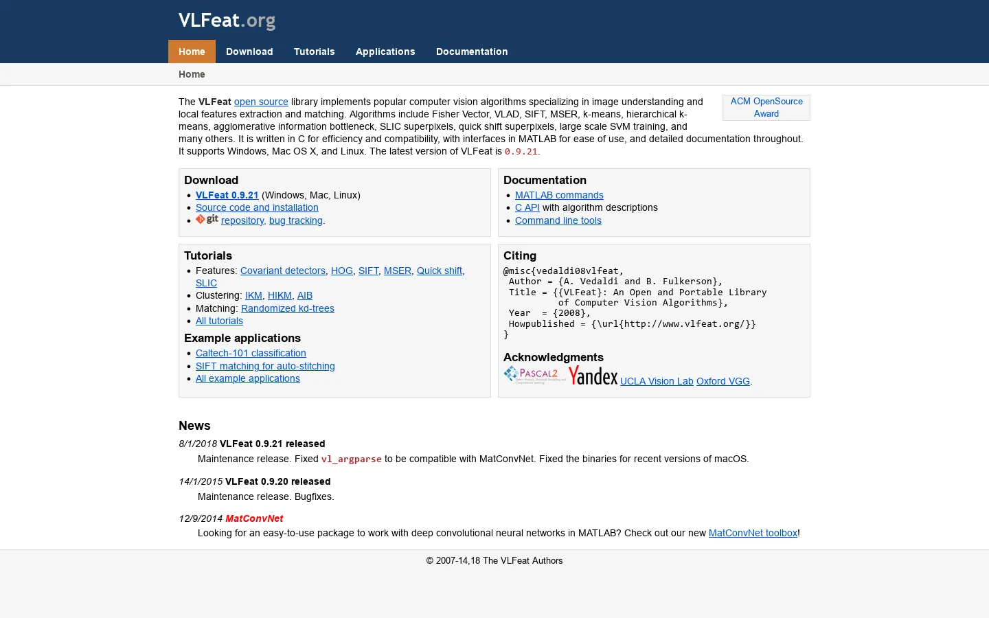 VLFeat 首页截图