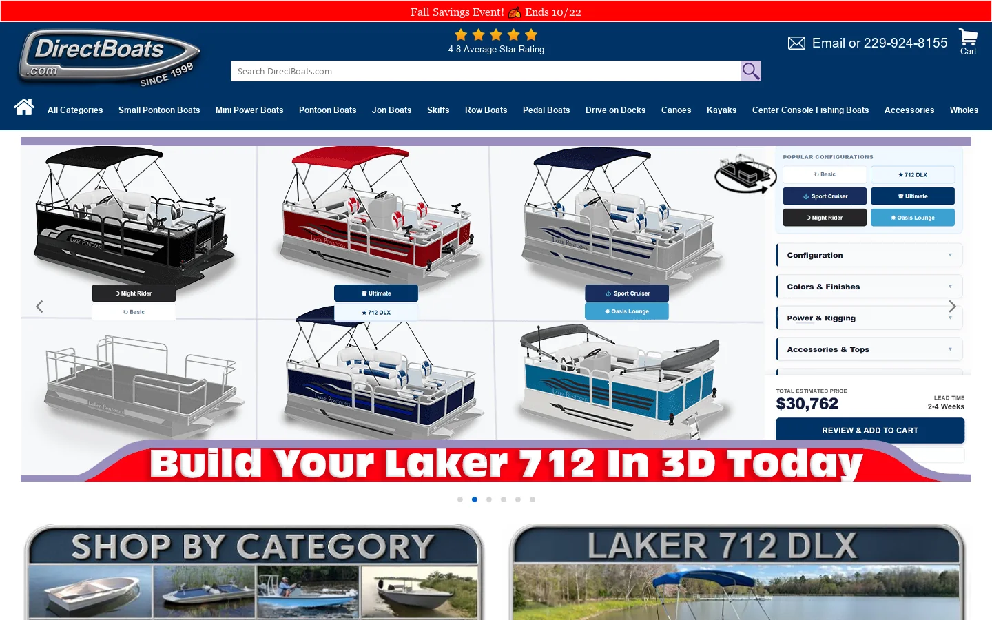 DirectBoats.com, Small Pontoon Boats, little Power Boats, Mini Fishing Boats, Canoes, Kayaks, Outboards, Jon, Pedal, Skiffs, Row Boats, Trailers 首页截图