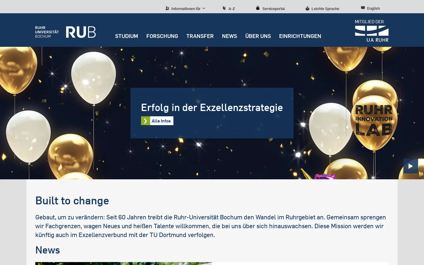 Built to change: Ruhr-Universität Bochum 首页截图