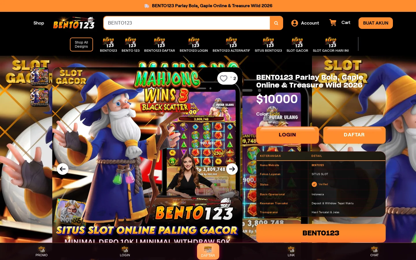 BENTO123 Parlay Bola, Gaple Online & Treasure Wild 2026 首页截图