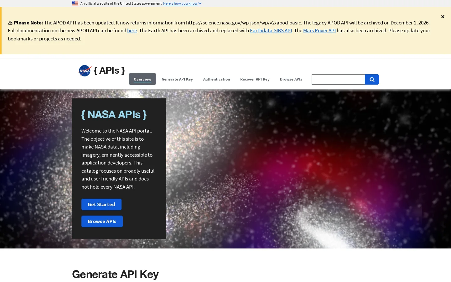 NASA Open APIs 首页截图