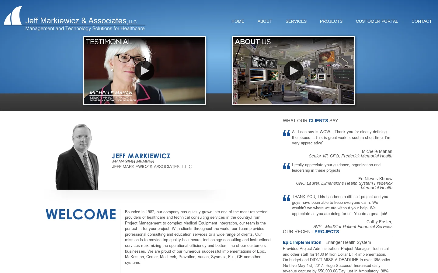 Jeff Markiewicz & Associates, Healthcare Consulting, Epic, Cerner, Meditech, McKesson Consulting Company, 首页截图