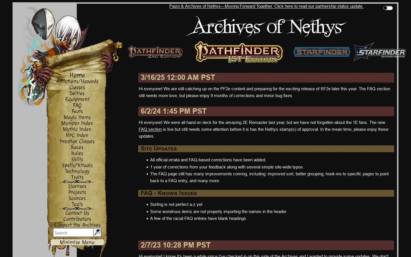 Home - Archives of Nethys: Pathfinder RPG Database 首页截图