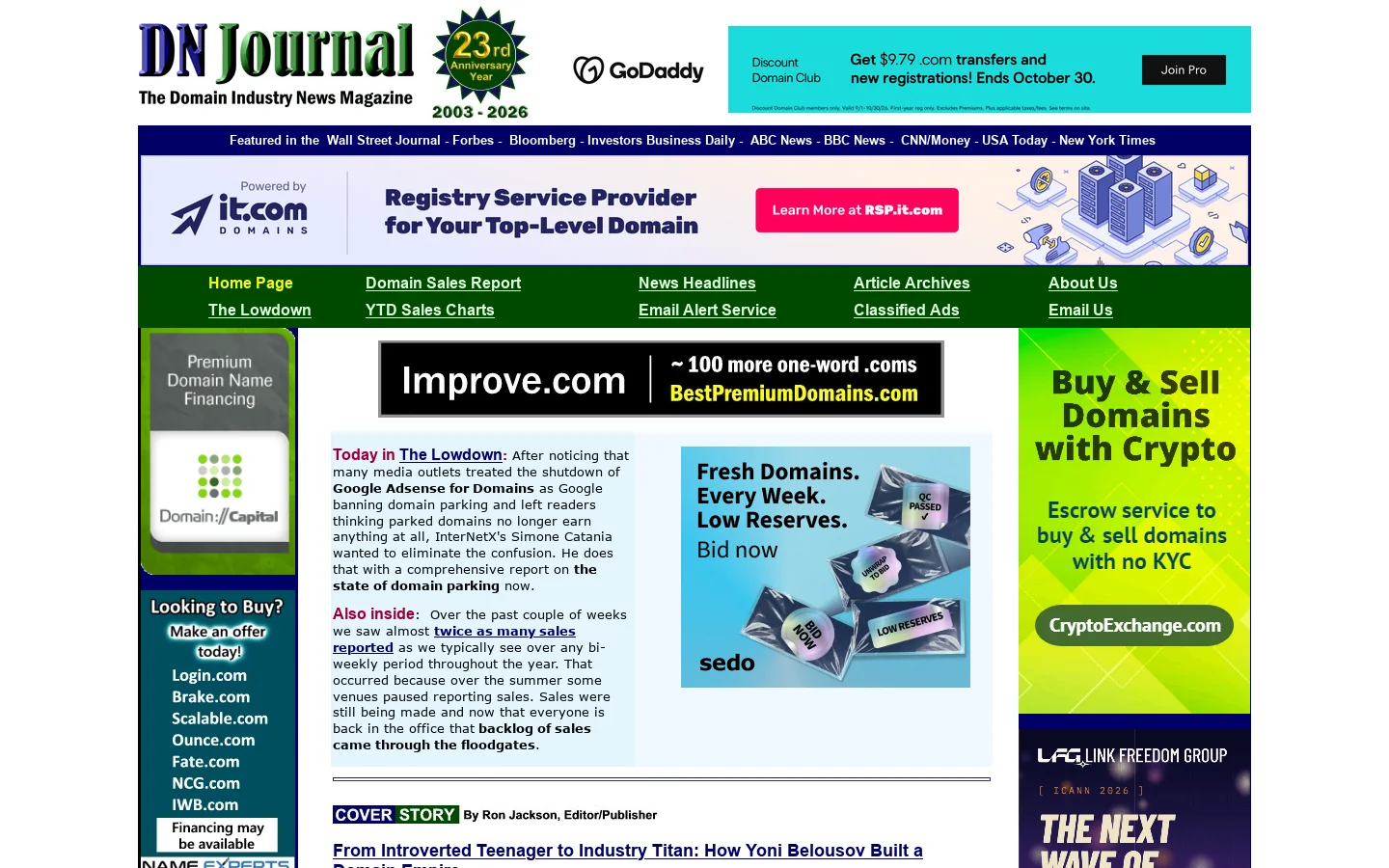 Domain Name Journal - The Domain Industry News Magazine at DNJournal.com 首页截图