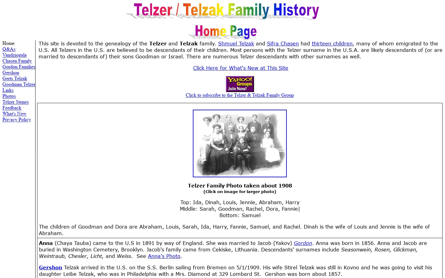 Telzer / Telzak Family History Home Page 首页截图