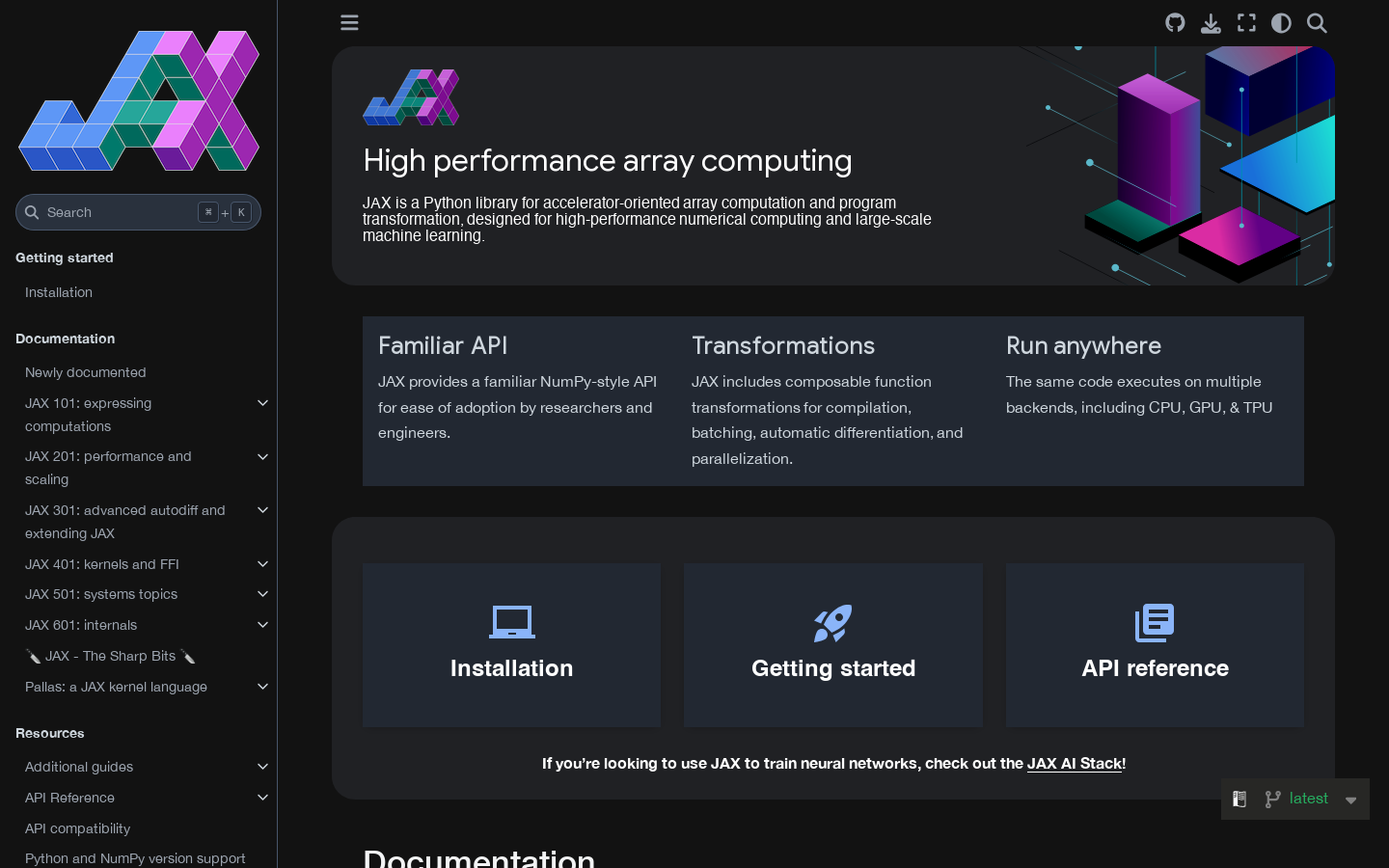 JAX: High performance array computing — JAX documentation 首页截图