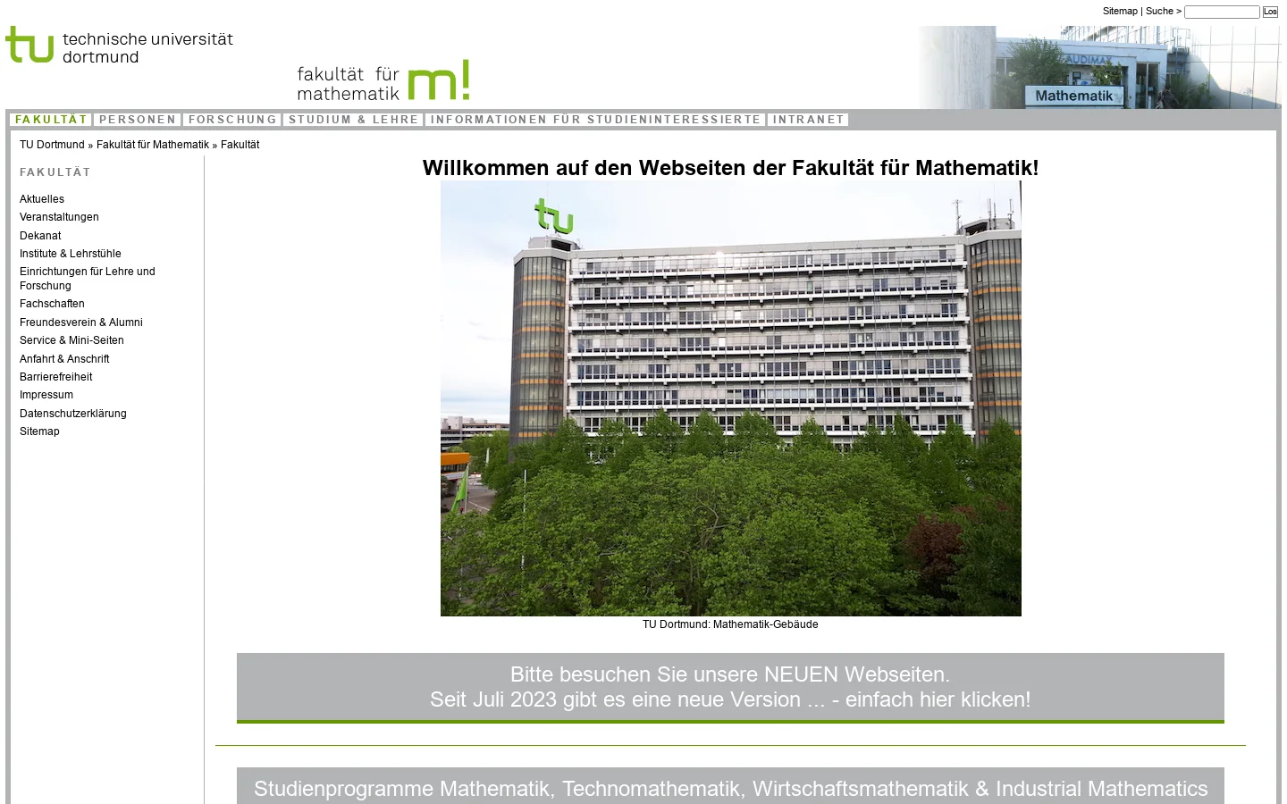 Fakultät - Fakultät für Mathematik, TU Dortmund 首页截图