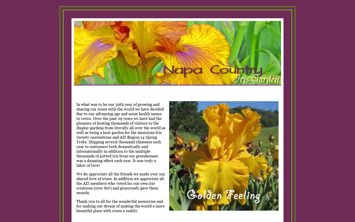 Napa Country Iris Garden - Iris Garden in Napa California featuring Tall Bearded Iris Rhizomes. Beautiful flower photos and great prices. 首页截图