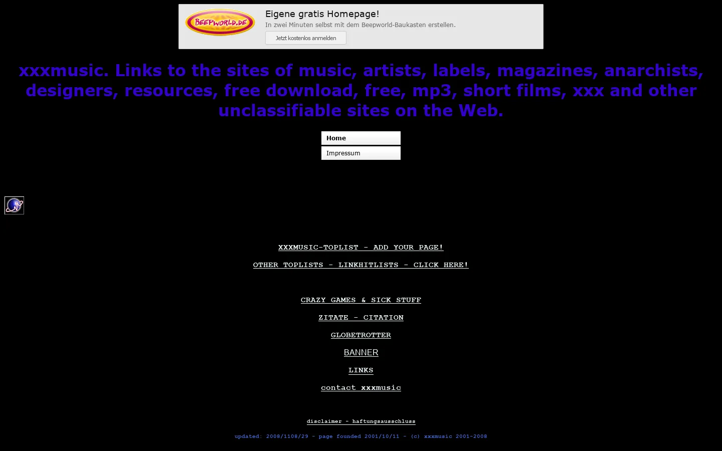 xxxmusic. Links to the sites of music, artists, labels, magazines, anarchists, designers, resources, free download, free, mp3, short films, xxx and other unclassifiable sites on the Web 首页截图