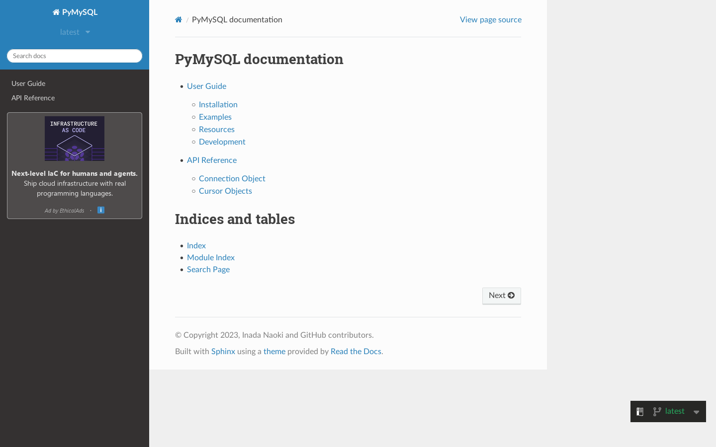PyMySQL documentation 首页截图