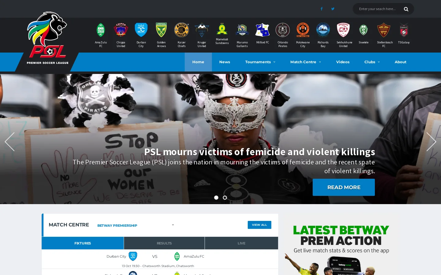 Premier Soccer League - www.psl.co.za - official website 首页截图