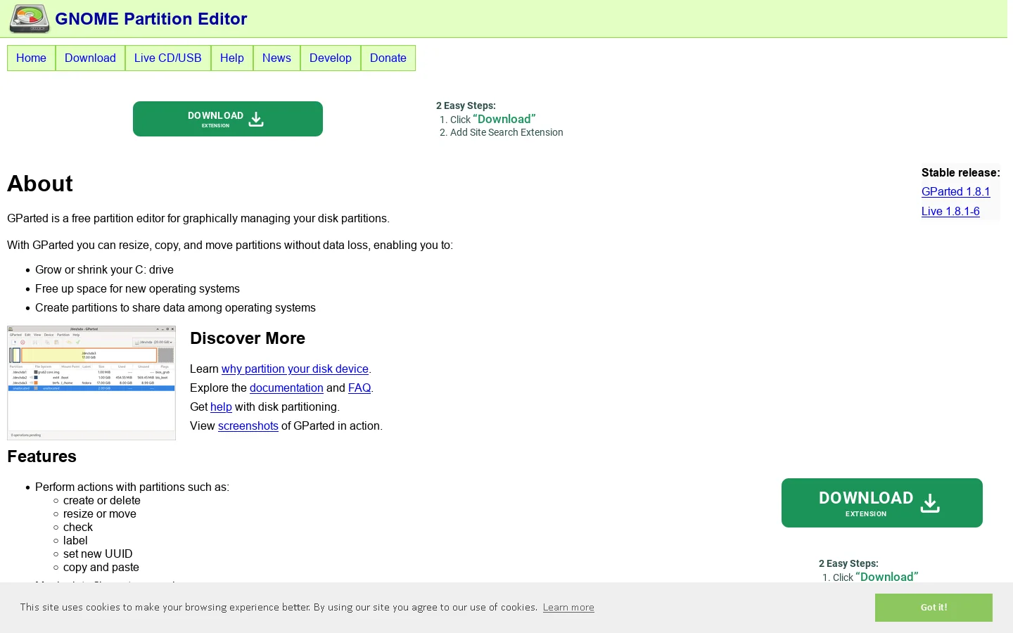 GParted -- A free application for graphically managing disk device partitions 首页截图