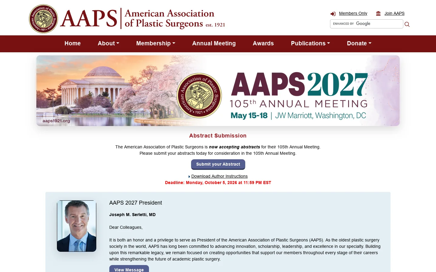 AAPS - American Association of Plastic Surgeons 首页截图