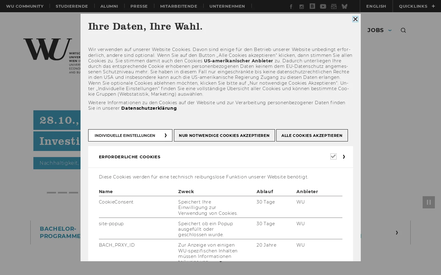 WU (Wirtschaftsuniversität Wien) 首页截图