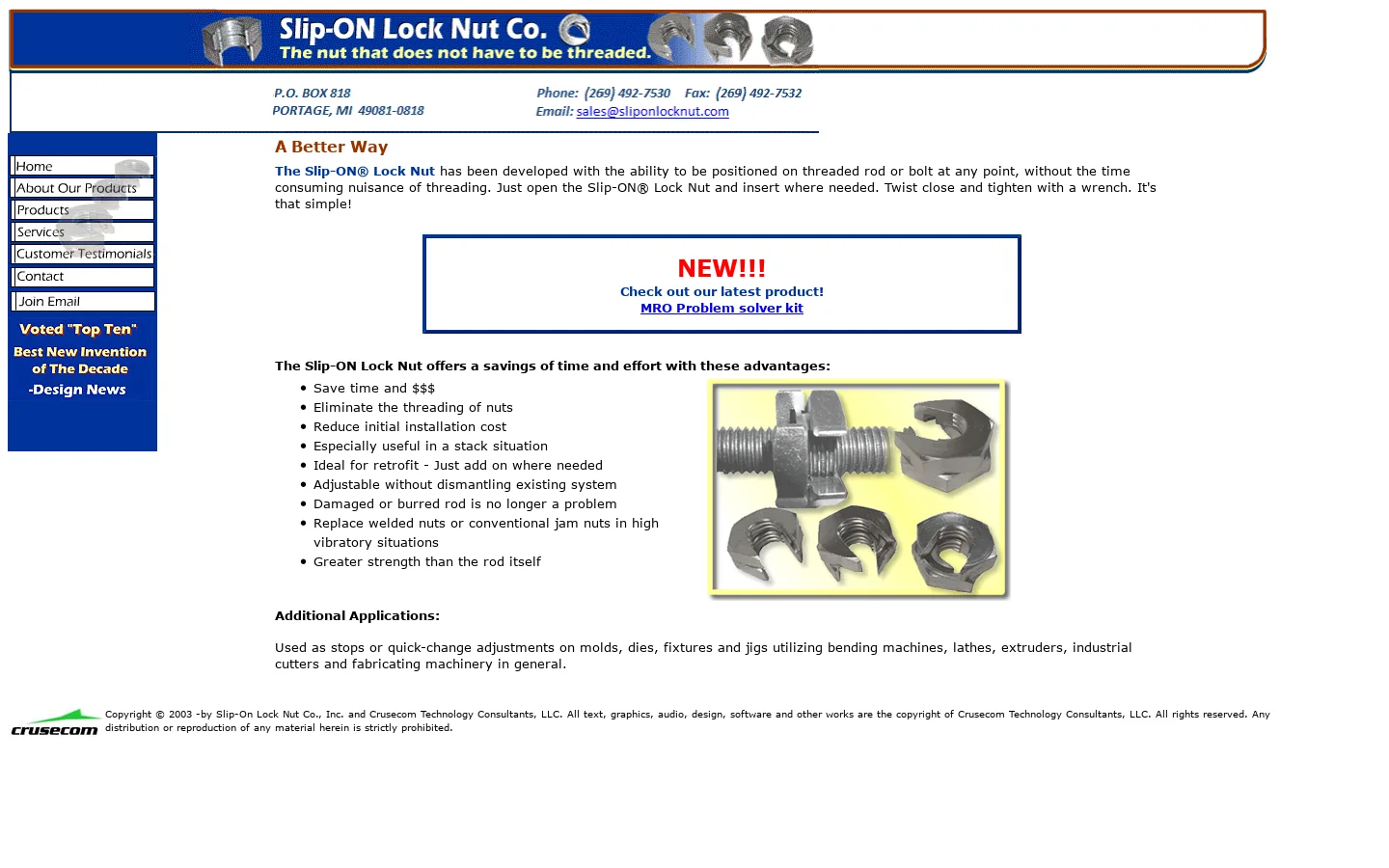SlipON Lock Nut Co. The SlipON Lock Nut has been developed with the ability to be positioned on threaded rod at any point, without the time consuming nuisance of threading, Eliminate the threading of nuts, Reduce initial installation cost, Especially useful in a stack situation, Ideal for retrofit 首页截图