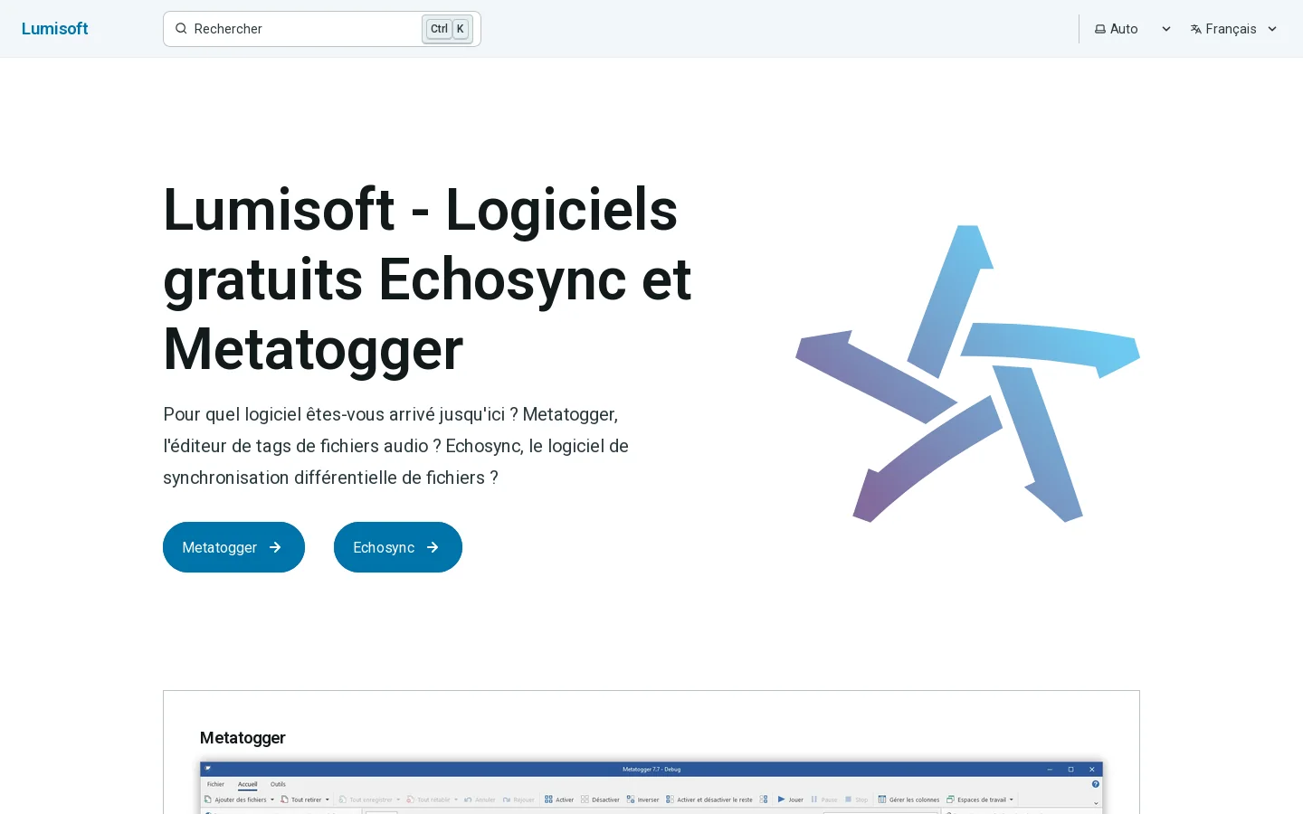Lumisoft - Logiciels gratuits Echosync et Metatogger | Lumisoft 首页截图