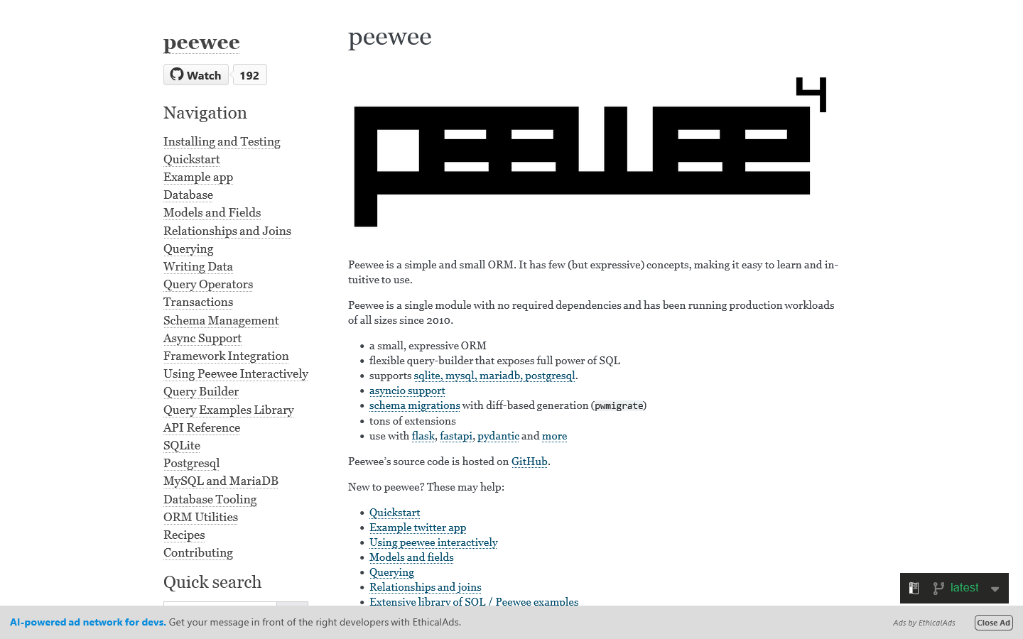 peewee — peewee 4.4.0 documentation 首页截图
