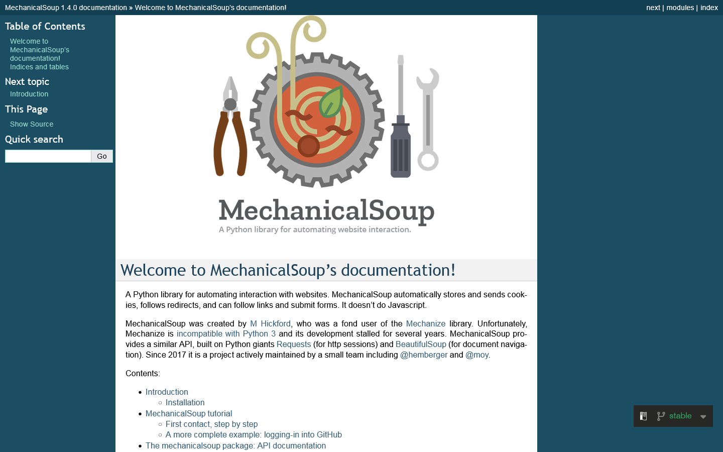 MechanicalSoup 1.4.0 documentation 首页截图