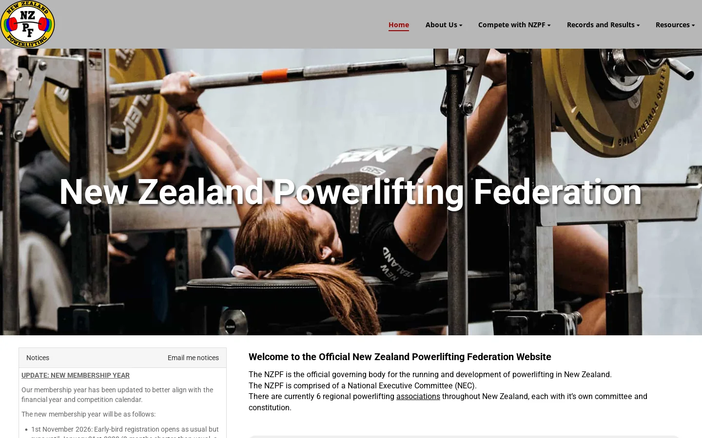 New Zealand Powerlifting Federation - Home 首页截图