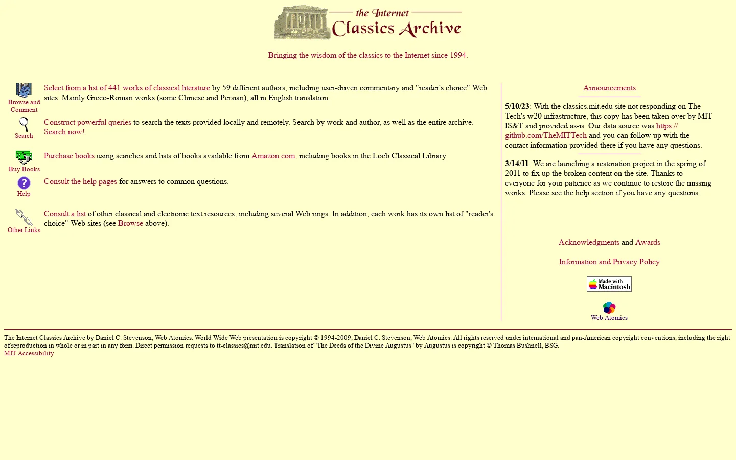 The Internet Classics Archive: 441 searchable works of classical literature 首页截图
