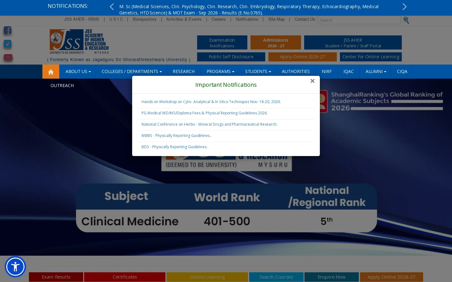 JSS Academy of Higher Education and Research 首页截图