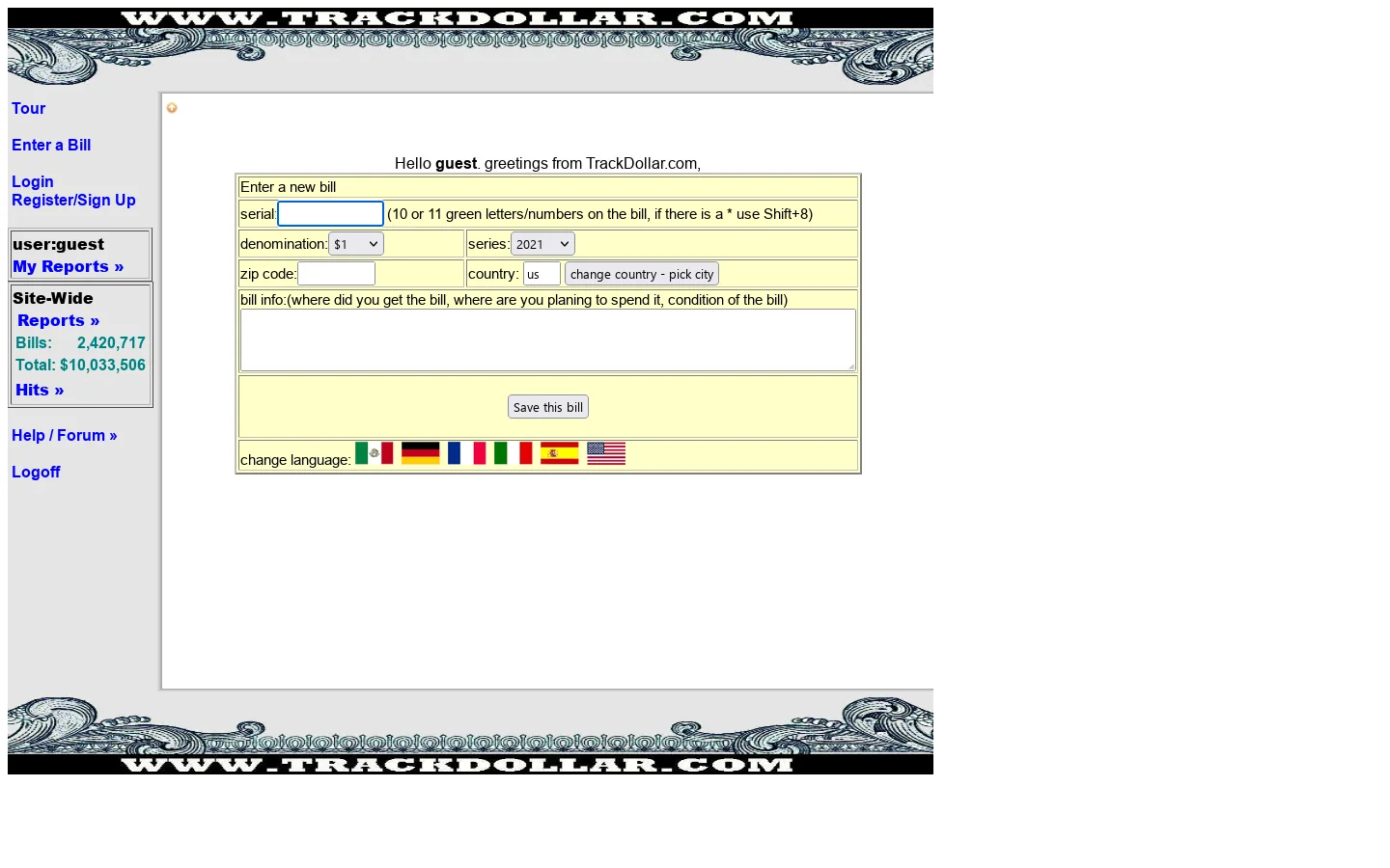 TrackDollar 2.0 Track your Dollar Bills after you spent them 首页截图