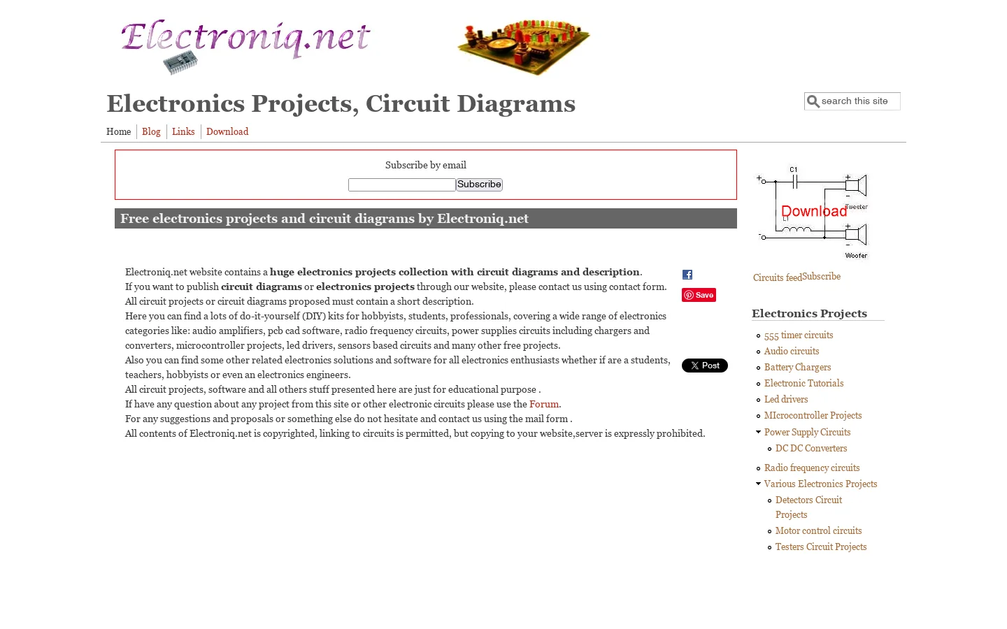 Free electronics projects and circuit diagrams by Electroniq.net 首页截图