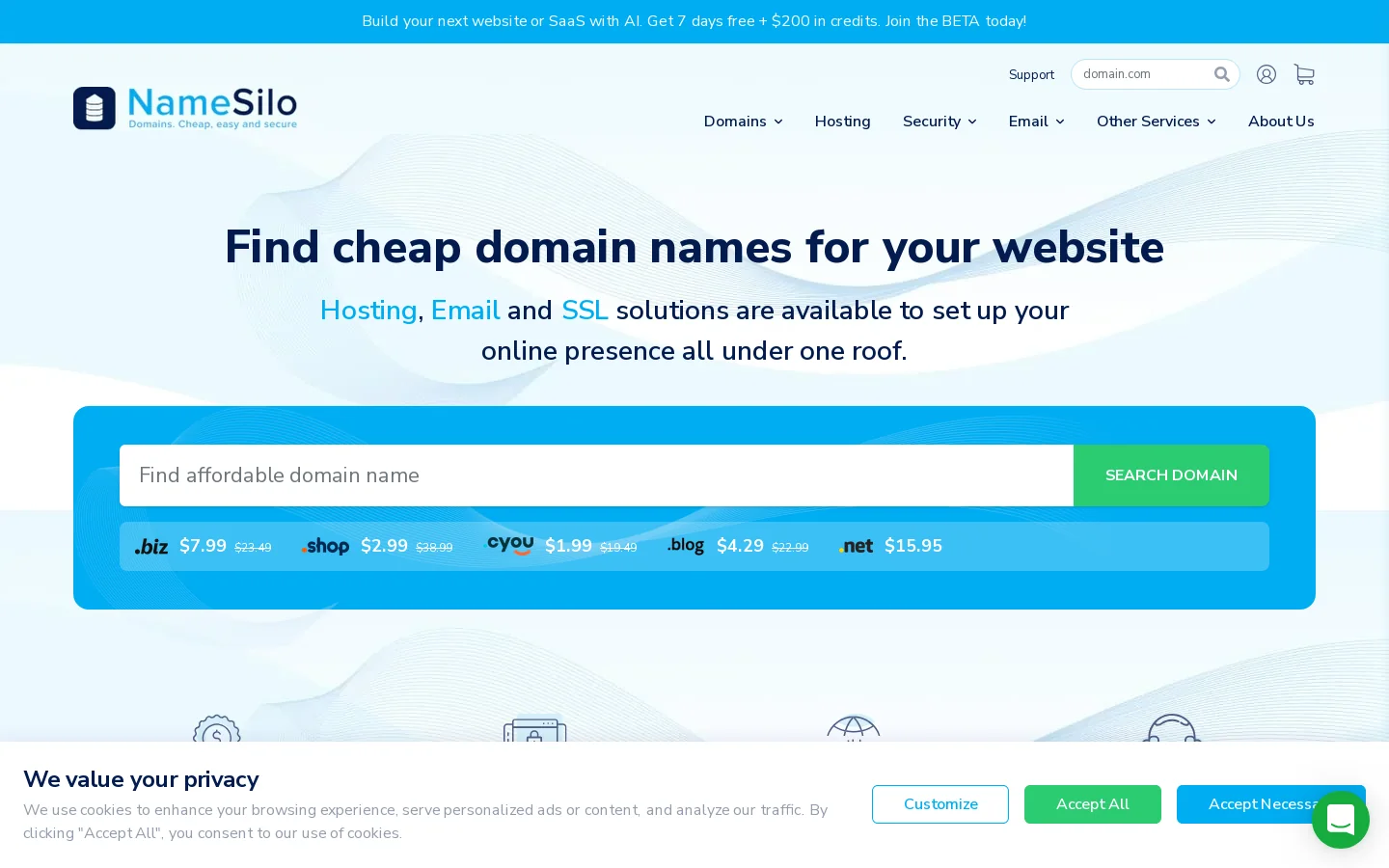 Cheap Domain Names & Web Hosting Starting at $0.99! 首页截图