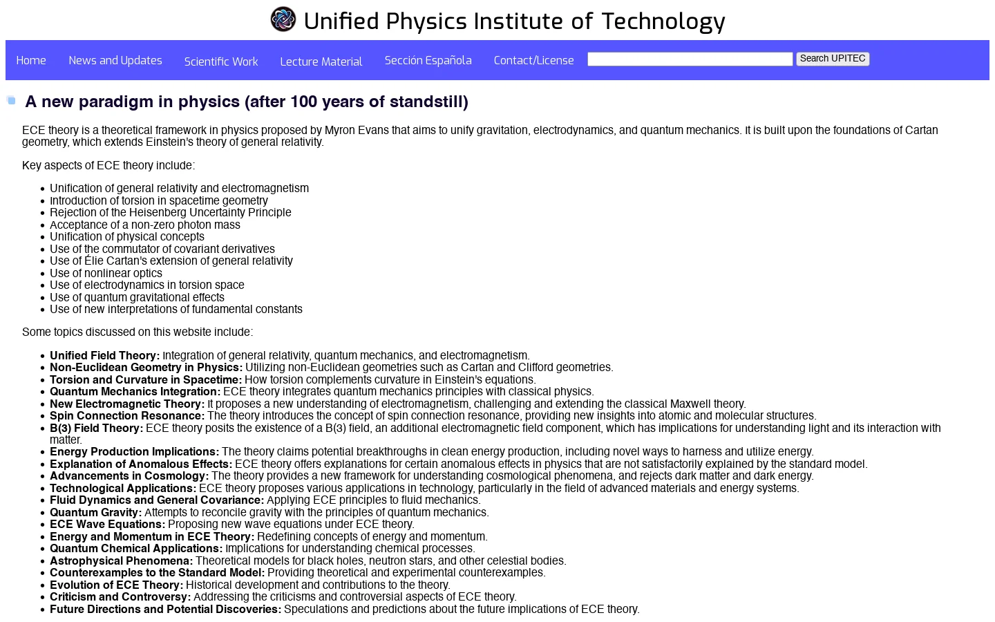 Unified Physics Institute of Technology 首页截图