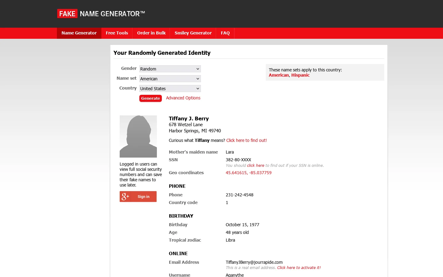 Fake Name Generator 首页截图