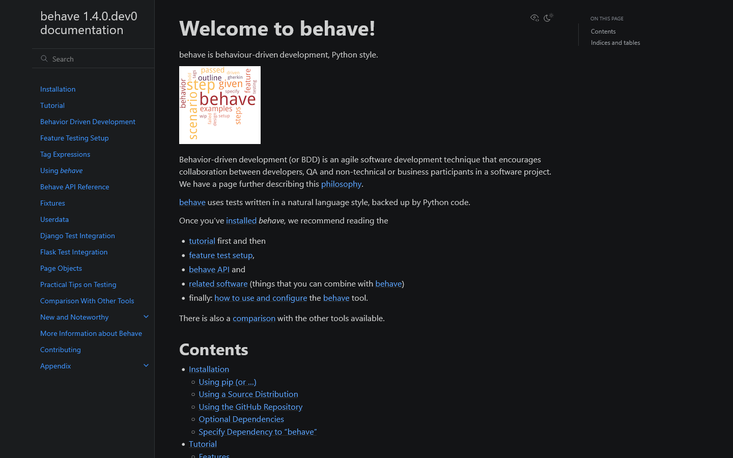 behave 1.4.0.dev0 documentation 首页截图