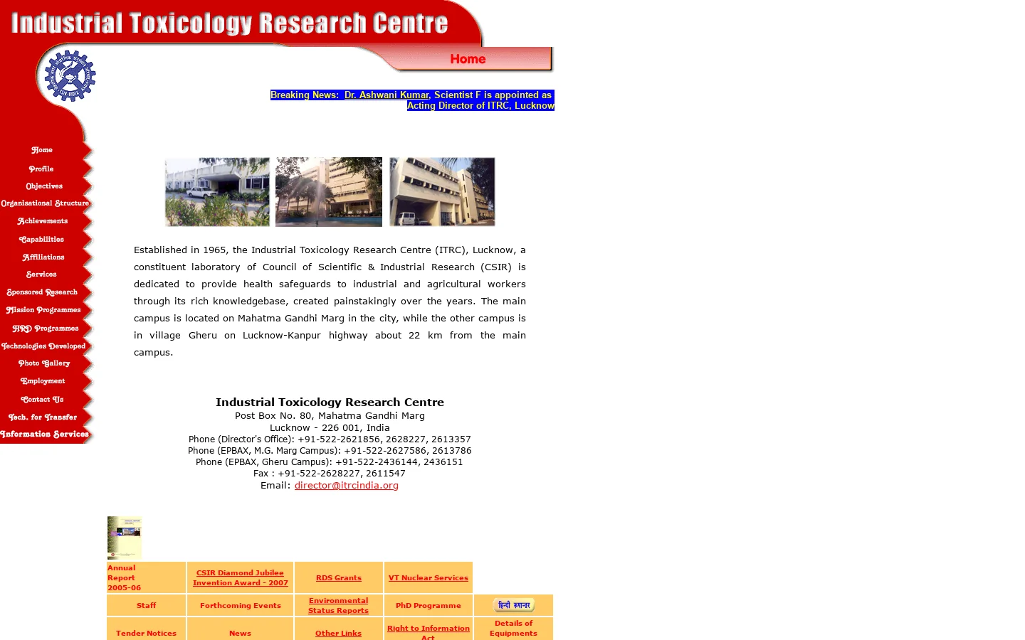 Welcome to ITRC :: Industrial Toxicology Research Centre, Lucknow, India 首页截图