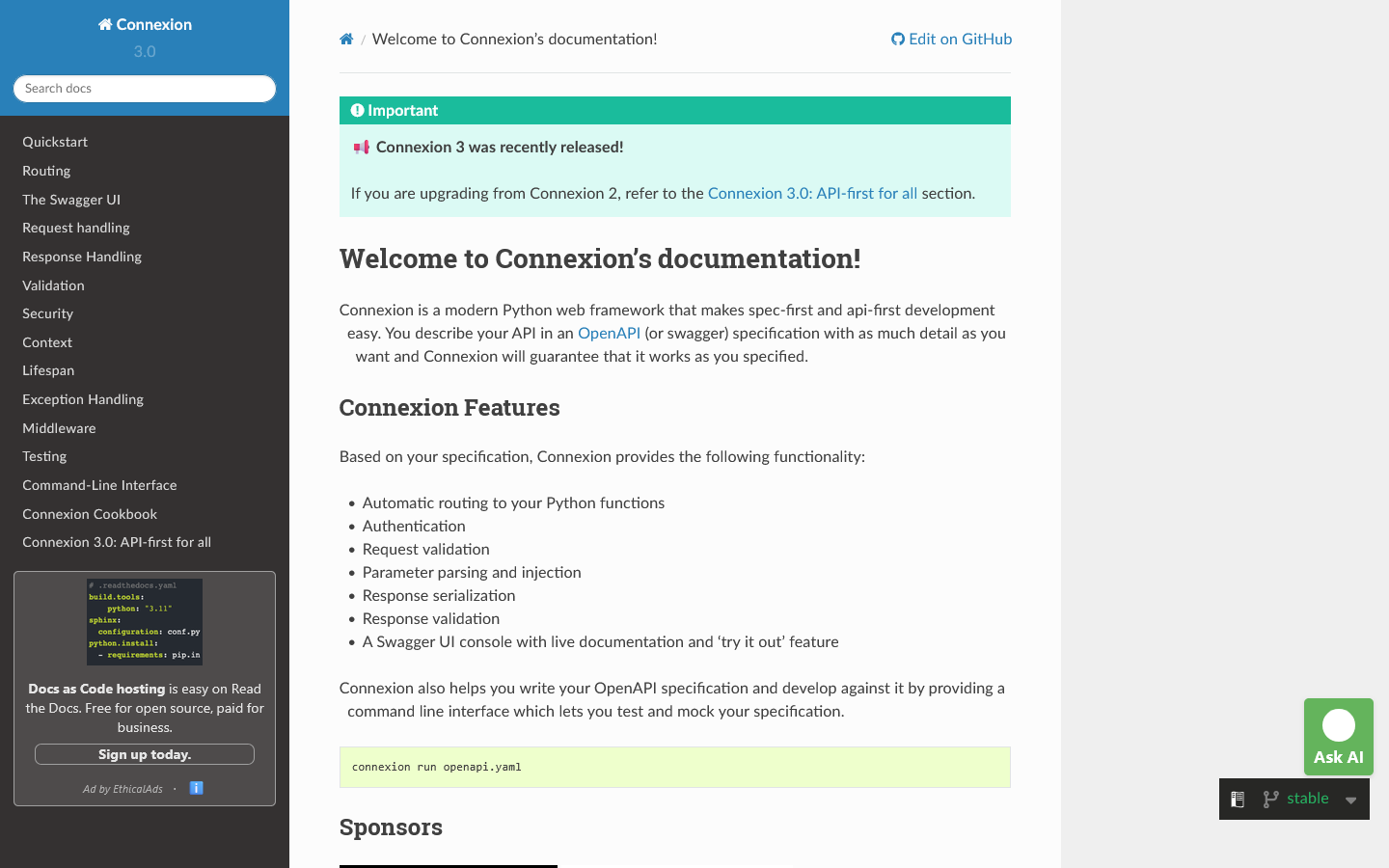 Connexion 3.0.dev0 documentation 首页截图