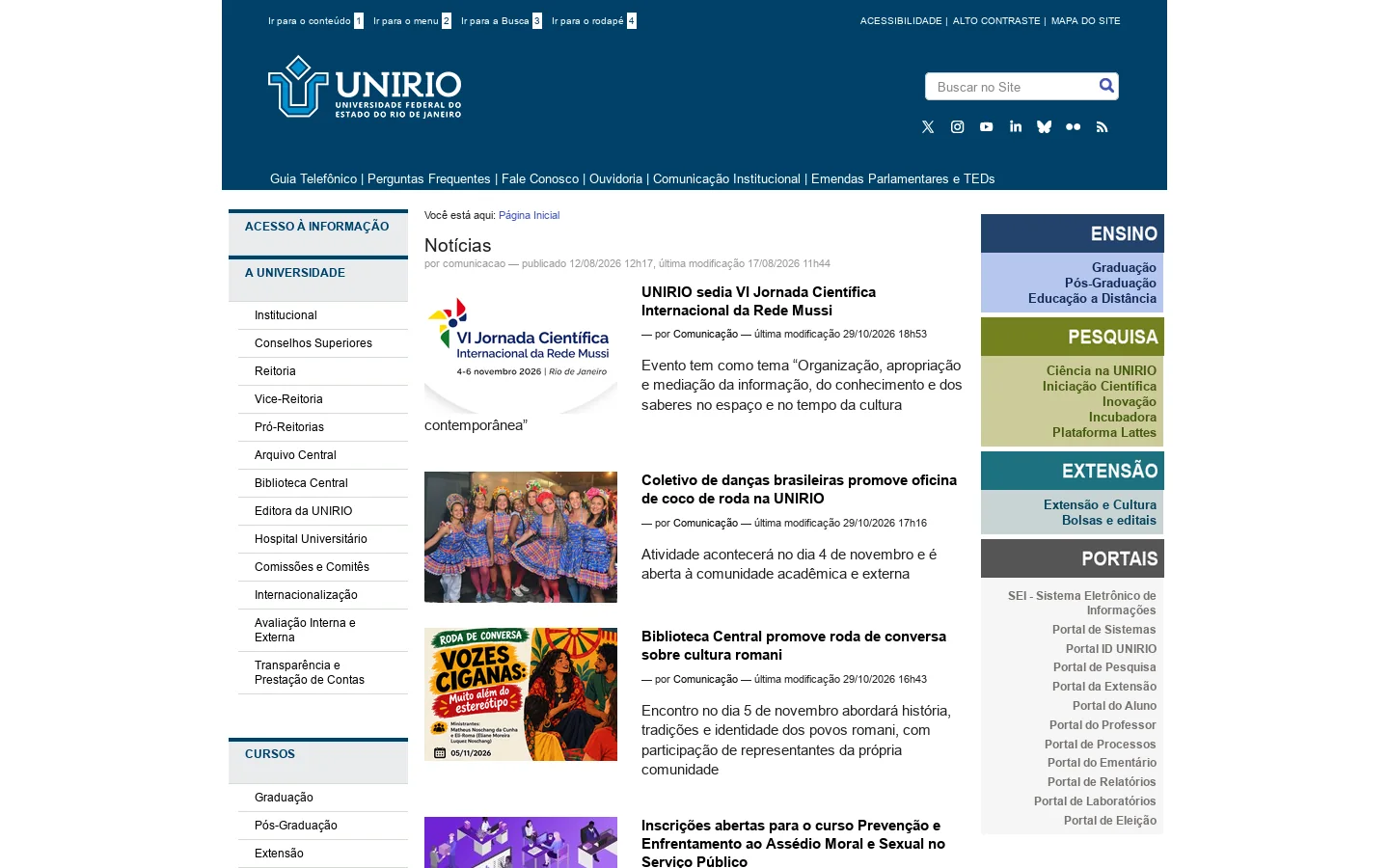 Notícias — Universidade Federal do Estado do Rio de Janeiro 首页截图