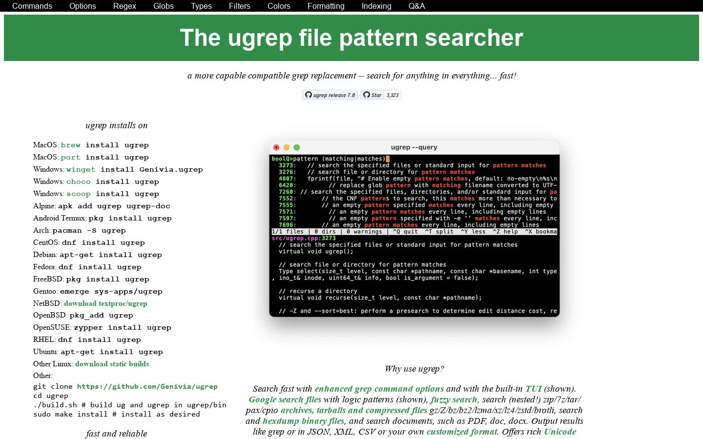 The ugrep file pattern searcher 首页截图