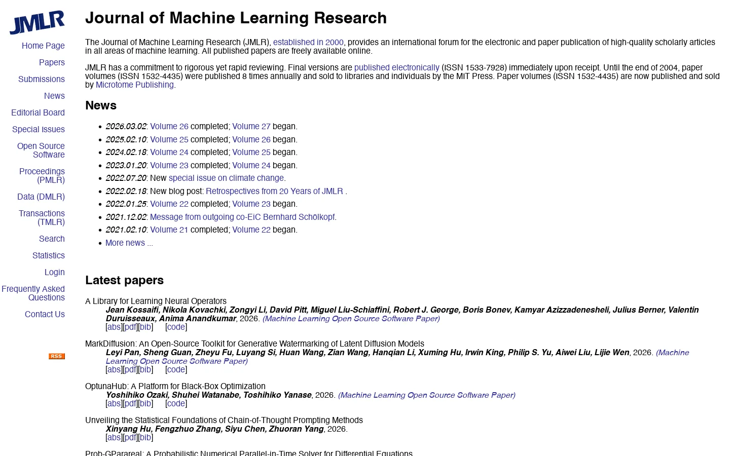 Journal of Machine Learning Research 首页截图