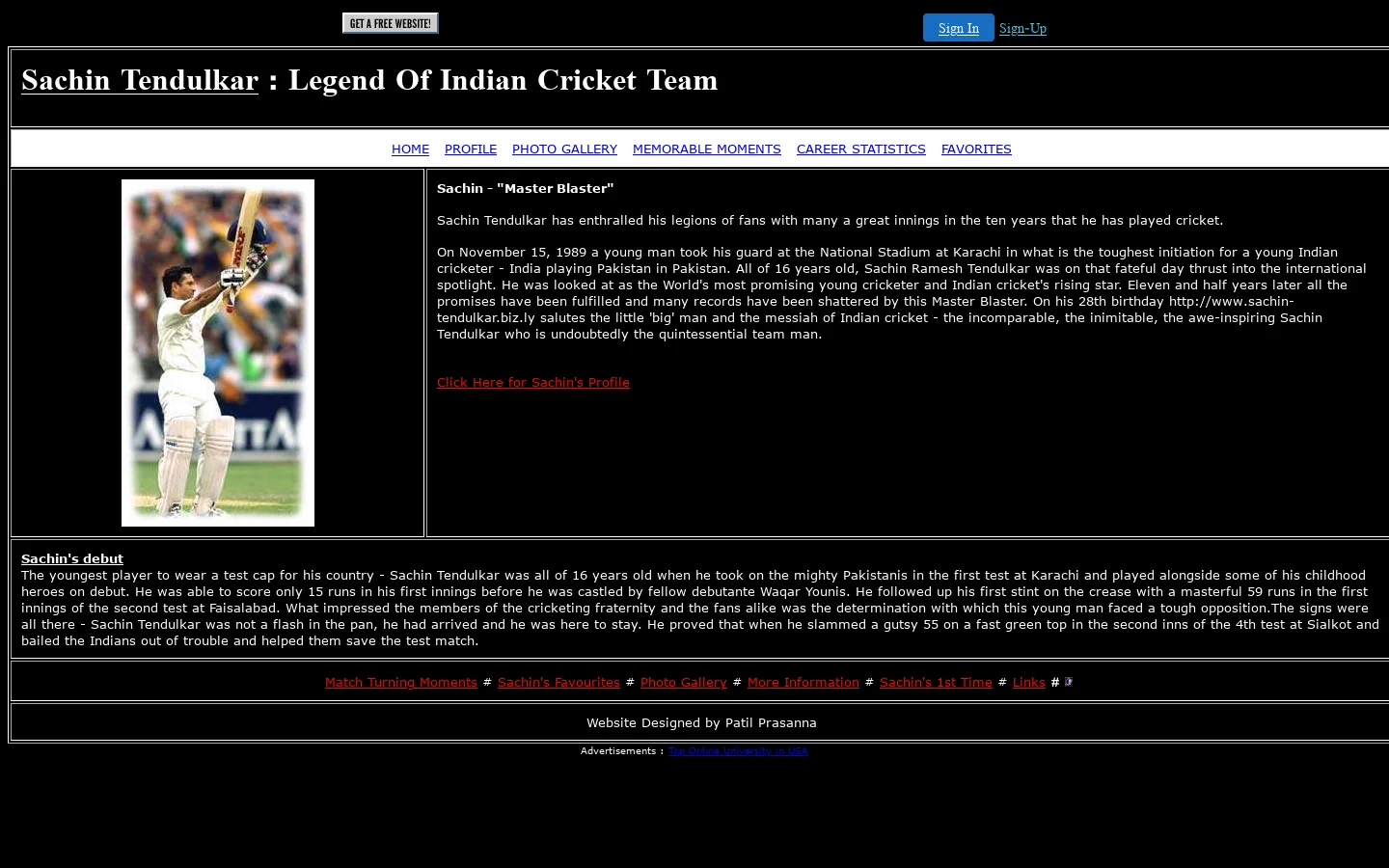 Sachin Tendulkar 首页截图
