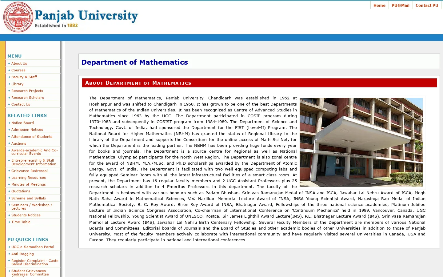 Department of Mathematics Panjab University Chandigarh ਪੰਜਾਬ ਯੂਨੀਵਰਸਿਟੀ ਚੰਡੀਗੜ੍ਹ पंजाब विश्वविद्यालय चंडीगढ़ पंजाब यूनिवर्सिटी चंडीगढ़ Chandigarh India 首页截图