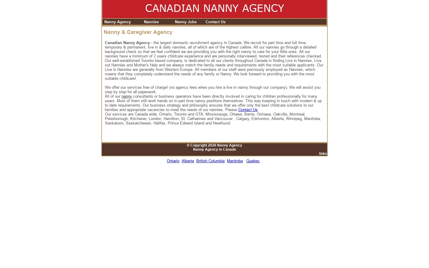 Nanny Agency in Canada, Caregiver Agency Toronto Ontario Vancouver BC Montreal Alberta Calgary Edmonton Ottawa Winnipeg Mississauga , Oshawa, Oakville, Peterborough, Kitchener, London, Hamilton, Barrie, Winnipeg, Saskatoon, Halifax 首页截图